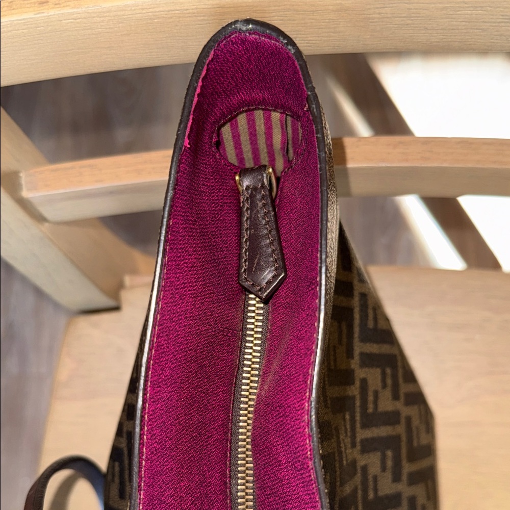 Fendi Brown Zucca Coated Cancas FF Logo Tote with Plum Trim - Picture 13 of 17